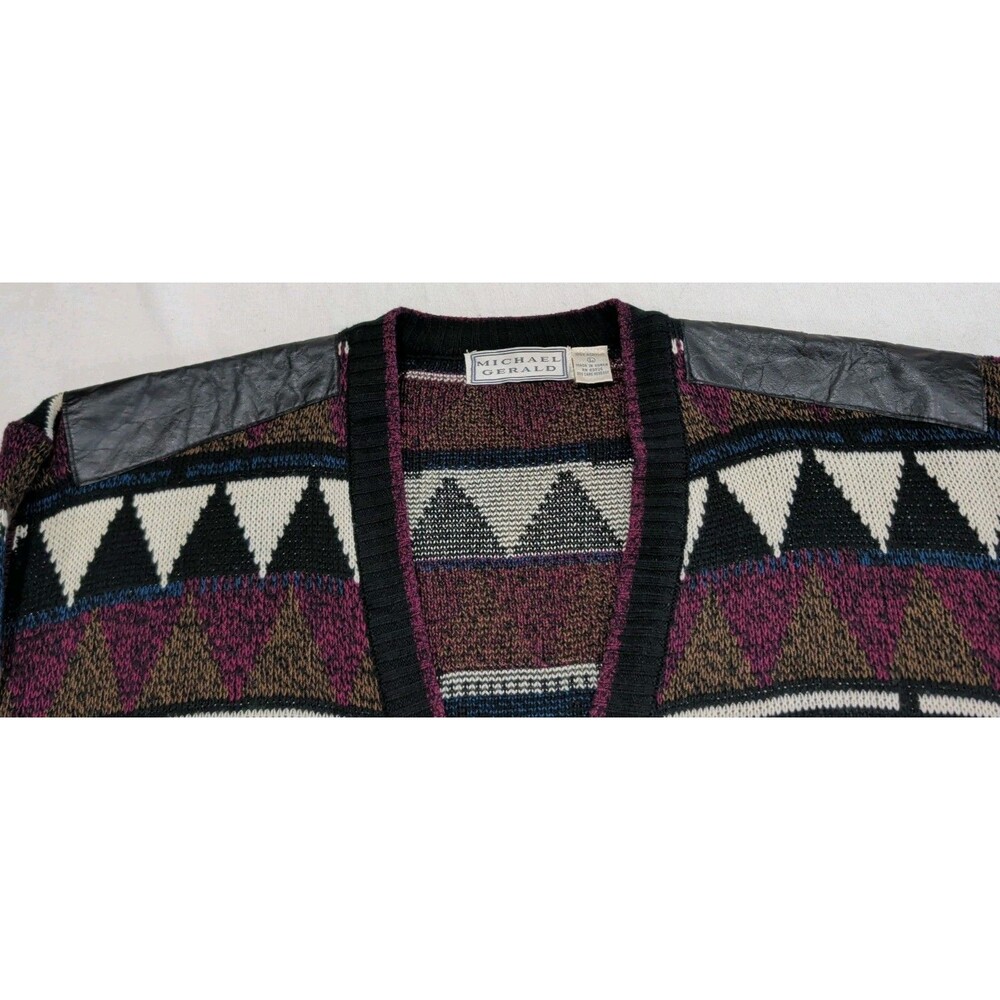 Vintage Michael Gerald Cardigan Sweater Geometric Collegiate Acrylic Mens Large - Picture 6 of 8